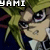 Pixelated anime-style character portraits with text overlays, featuring a blonde-haired figure and a silver-haired figure against dark backgrounds.