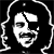 Pixelated black-and-white image of a person with long hair, wearing an eyepatch over the right eye and showing teeth in a wide expression.