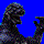 A pixelated animation of a dark, reptilian creature against a solid blue background, emitting yellow and red particle effects from its mouth.