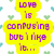Pixelated text bubbles in yellow and black with purple and red lettering on a heart-patterned background.
