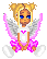 Pixel art contact sheet showing two frames of a winged doll character with blonde pigtails, blue eyes, and pink accessories in a seated pose against gray background.