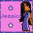 Pixel art contact sheet showing two frames of an animated AIM buddy icon featuring a female character with long black hair and orange skin in a purple dress against a pink background with white stars.