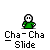Pixelated green-shirted figure with white face and black eyes in multiple poses above 'Cha-Cha Slide' text on gray background.