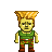 Pixel art character with spiky blonde hair, green sleeveless top, red-brown pants, and brown boots standing against gray background.