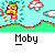 Animated contact sheet of a pixel art character named Moby running across a landscape with mushrooms, showing frame-by-frame motion and text variations.