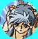 Pixelated anime-style character with gray hair and brown skin in five circular frames showing facial expressions from neutral to open-mouthed.
