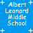 Blue background with white pixelated text reading "Albert Leonard Middle School" and plus signs, arranged in a pattern