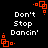 Black background with white text reading 'Don't Stop Dancin'' and orange square-based corner decorations in a repeating pattern.