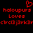 Red pixelated text and symbols on black background: heart symbol above 'haloupurs Loves' repeated twice with scrambled text below.