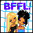 Pixel art buddy icon featuring two cartoon women with distinct hairstyles and outfits under purple "BFFL!" text on a blue grid background.