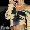 A person wearing a cropped zip-up jacket with a light-colored sleeve featuring a floral design, a yellow beaded necklace, and a green beaded bracelet, holding a microphone near their mouth.