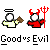 Pixel art buddy icon showing two stick-figure characters labeled "Good vs Evil" with angel and devil attributes on a gray background.