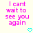 Pixelated pink text reads "I can't wait to see you again" on a light background with a cyan heart symbol below.