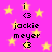 Pixelated pink background with yellow stars and repeated text elements including 'i', '3', 'jackie', and 'meyer' in black font.