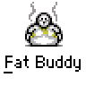 A 3x3 contact sheet of nine animated frames showing a pixelated fat cartoon character with steam rising from its head, each frame labeled "Fat Buddy" below it on a gray background.