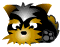 Pixelated cartoon animal head with black and tan fur, gray forehead patch, white eyes, and dark paw print on right side.