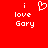 Red background with white pixelated text and symbols arranged in two vertical , one featuring a heart symbol above the words 'i love Gary' and the other showing identical text without the heart
