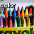 Colorful crayons in a yellow and green box with text overlays reading 'color', 'my', and 'world <3' across different frames.
