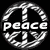 Four variations of a peace symbol icon with the word 'peace' displayed below, each with distinct color schemes and textures.