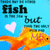 Pixelated image of a goldfish with orange and yellow scales swimming left against a light blue background with partial text and a pink heart.