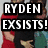 Pixelated image of two people embracing with text overlay reading "RYDEN EXSISTS!" in white block letters on black background.