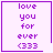 Purple pixelated text reads 'love you for ever (333' with a horizontal line beneath, accompanied by a heart or star symbol in the bottom-right corner of the frame.