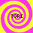 Four identical spiral patterns in yellow and pink with the text 'TORI' at their centers on a solid background.