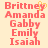 Pixelated text list of names in red on light yellow background with a small yellow heart symbol above the 'y' in 'Brittney'.