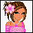 Pixelated icon of a woman with brown hair, pink flower, and pink dress on pink background with 'Born To Be Me!' text.