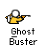 Pixelated character in yellow shirt and white helmet fires a gun, with green ghost and orange explosion effects