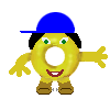 A yellow donut-shaped character with green eyes, red mouth, blue cap, and brown boots stands against gray background in four variations.