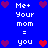 Blue background with white pixelated text and red/purple heart icons arranged in a pattern