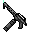 Pixelated black and gray arrow-shaped object with red and yellow pixel clusters at its tip, displayed in three variations against a gray background.