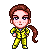 Pixel art character in yellow jumpsuit with brown ponytail, transitioning through multiple poses and color variations including blue outfit and black-and-white line art.