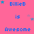 Pixelated pink background with blue text reading 'BillieE is Awesome BillieB' repeated in a , surrounded by small stars