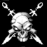 A black-and-white animated icon featuring a stylized skull with crossed swords behind it, displaying text variations above the skull across frames.