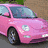 A pink car, a woman with long blonde hair, and a person in red-and-white clothing appear in separate