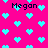 Pixelated icon with bright pink background and repeating cyan hearts, featuring four instances of the name "Megan" in black pixel font.