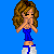 Pixelated character with brown curly hair in blue top and white pants, hands near face on solid blue background with repeated text.