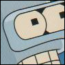Close-up of a cartoon character's face with large rounded eyes and a grid-patterned mouth on a light blue background.