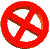 Red circular icon with X-shaped cutouts in three-dimensional perspective views, showing front, side, and angled rotations against gray background.