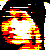 Animated pixelated image showing a person's face on the right and a red-yellow-white abstract shape on the left against black background.