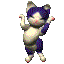 Pixelated cartoon cat with blue and white fur, pink nose, red paw pads, performing a sequence of jumping poses against gray background.