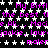 Pixelated text and star patterns repeat across a black background with pink and white elements.