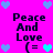 Pixelated icon with bright pink background, black text reading Peace And Love, and heart symbols in blue and cyan.