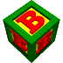 Green cube with red 'B' on yellow faces, rotating in a of identical cubes against gray background
