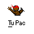 Pixelated static icon of a brown cartoon figure with red headband and pink sparkles, below which is stylized text reading "Tu Pac" on gray background.