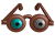 Brown pixelated glasses with circular lenses; left lens cyan with black pupil, right lens gray with black pupil, both lenses have white highlights.