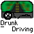 Pixelated image of a green vehicle with black wheels and yellow accents, below which is text reading "Drunk Driving" in blocky font.