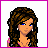 Animated contact sheet of a pixel art character with long brown hair, blue eyes, and pink-accented black outfit across multiple frames showing facial expressions, full-body pose, text animations, and partial views.